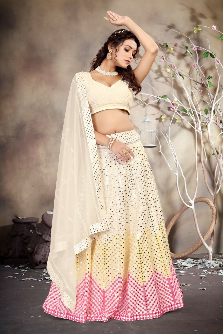 Jyoti Fashion Butter Cream Sequence with Thread Zari Embroidery Georgette Lehenga Choli with Dupatta | Grocsy