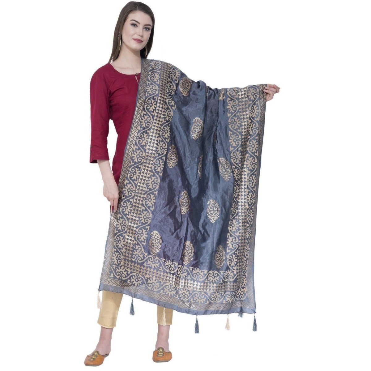 A R Silk Dark Gray Color Silk Pahadi Print Dupattas and Chunnis | Grocsy