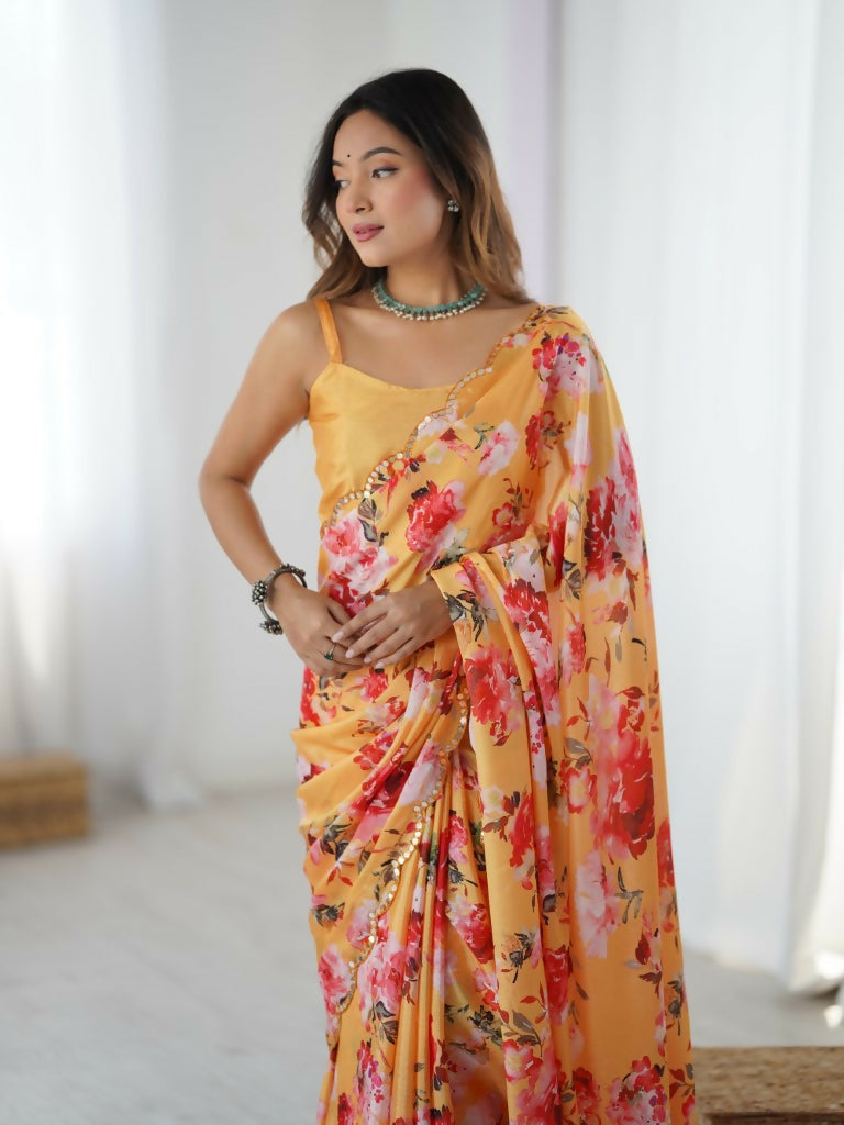Orange Chinon Designer Digital Printed,Mirror Cut Work Saree - Elayna | Grocsy