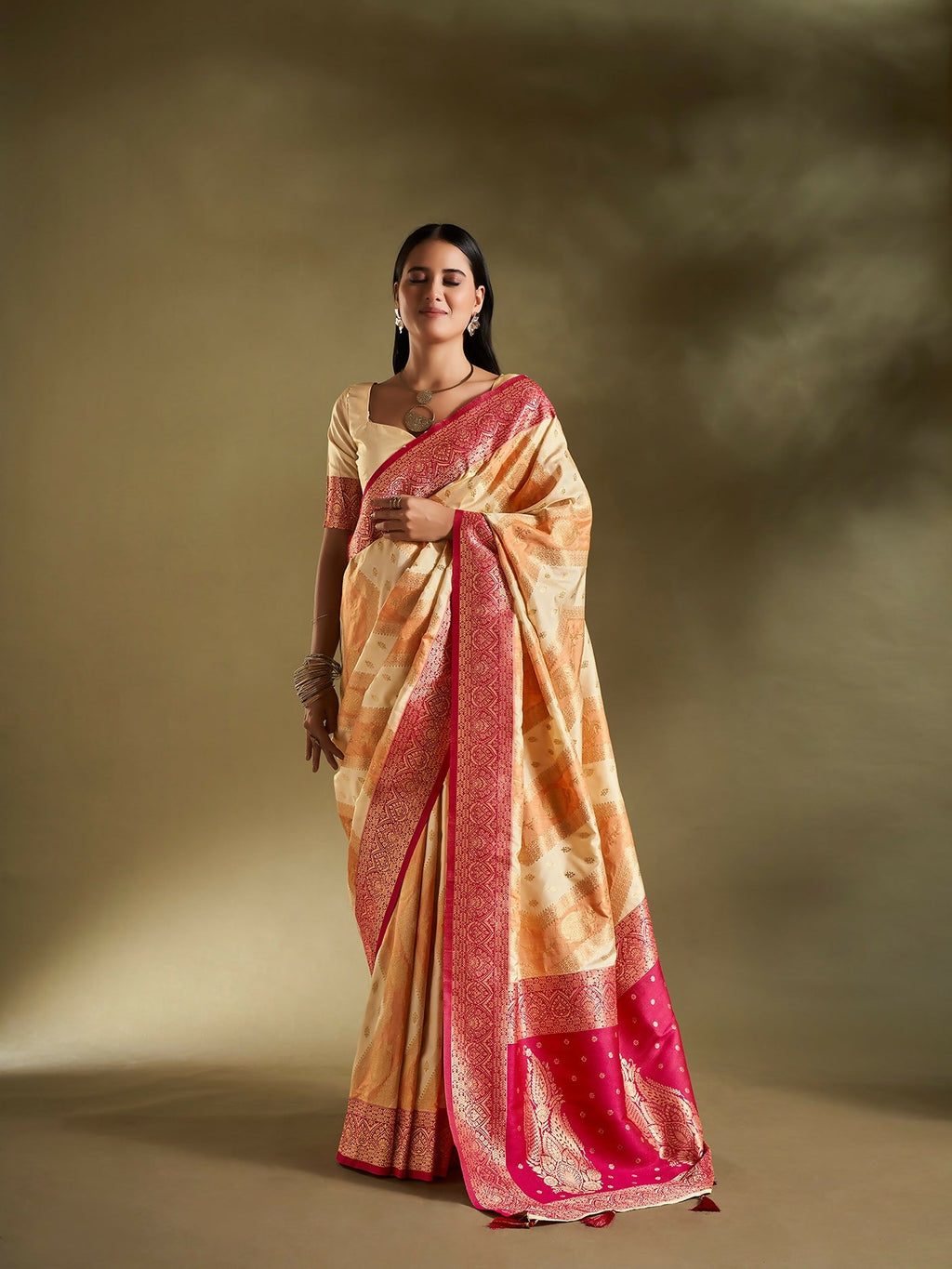 Joban Fashion Cream & Orange Plain With Weaving Border Banarasi Silk Sarees | Grocsy