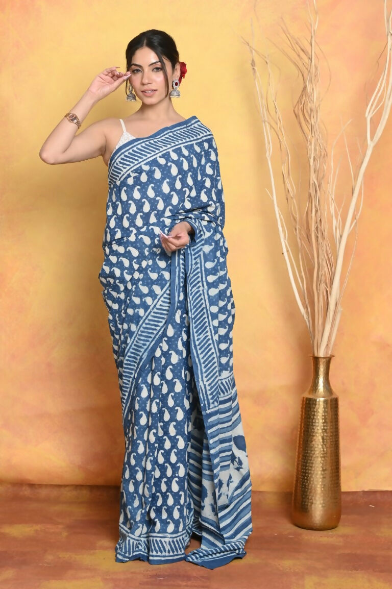 Very Much Indian Handblock Printed Cotton Saree With Natural Dyes - Blue | Grocsy