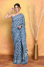 Very Much Indian Handblock Printed Cotton Saree With Natural Dyes - Blue | Grocsy