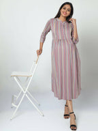 Manet Three Fourth Maternity Dress Striped With Concealed Zipper Nursing Access - Grey | Grocsy