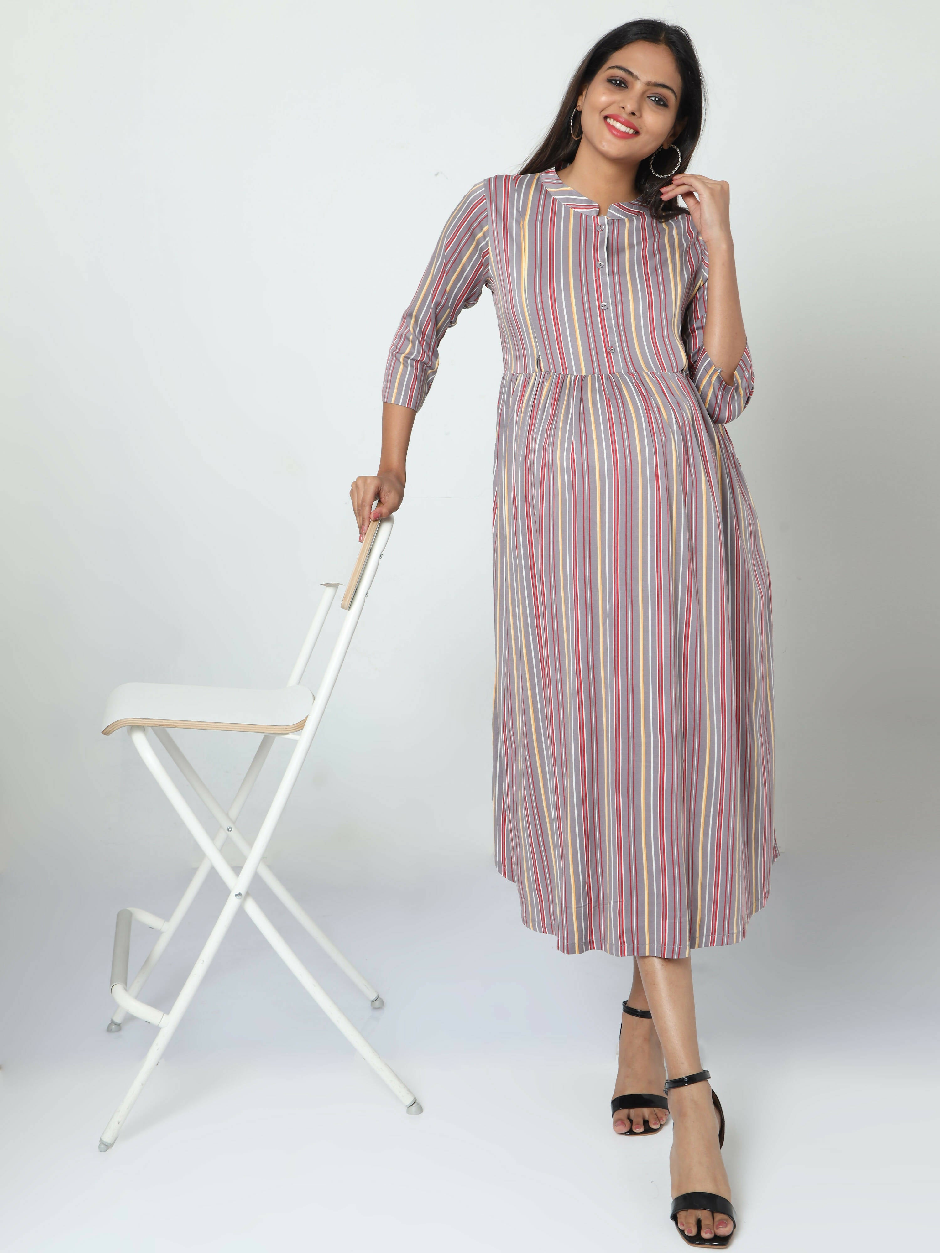 Manet Three Fourth Maternity Dress Striped With Concealed Zipper Nursing Access - Grey | Grocsy