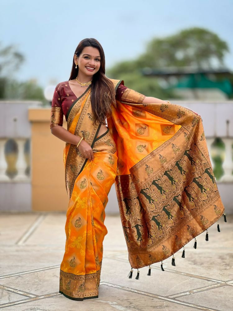 PR Fashion Mustard Orange Soft Banarasi Silk With Zari Weaving Meenakari Design Saree | Grocsy