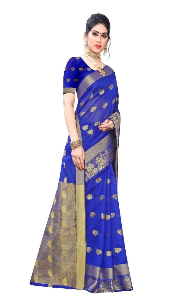Vamika Banarasi Jacquard Weaving Blue With Gold Print Saree | Grocsy