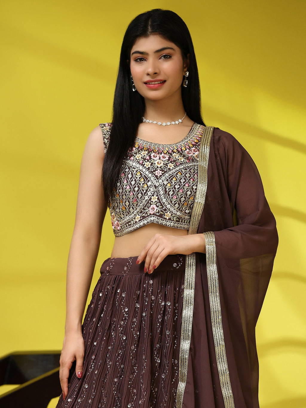 Brown Georgette Embroidered Lehenga choli with Dupatta - Dhara | Grocsy