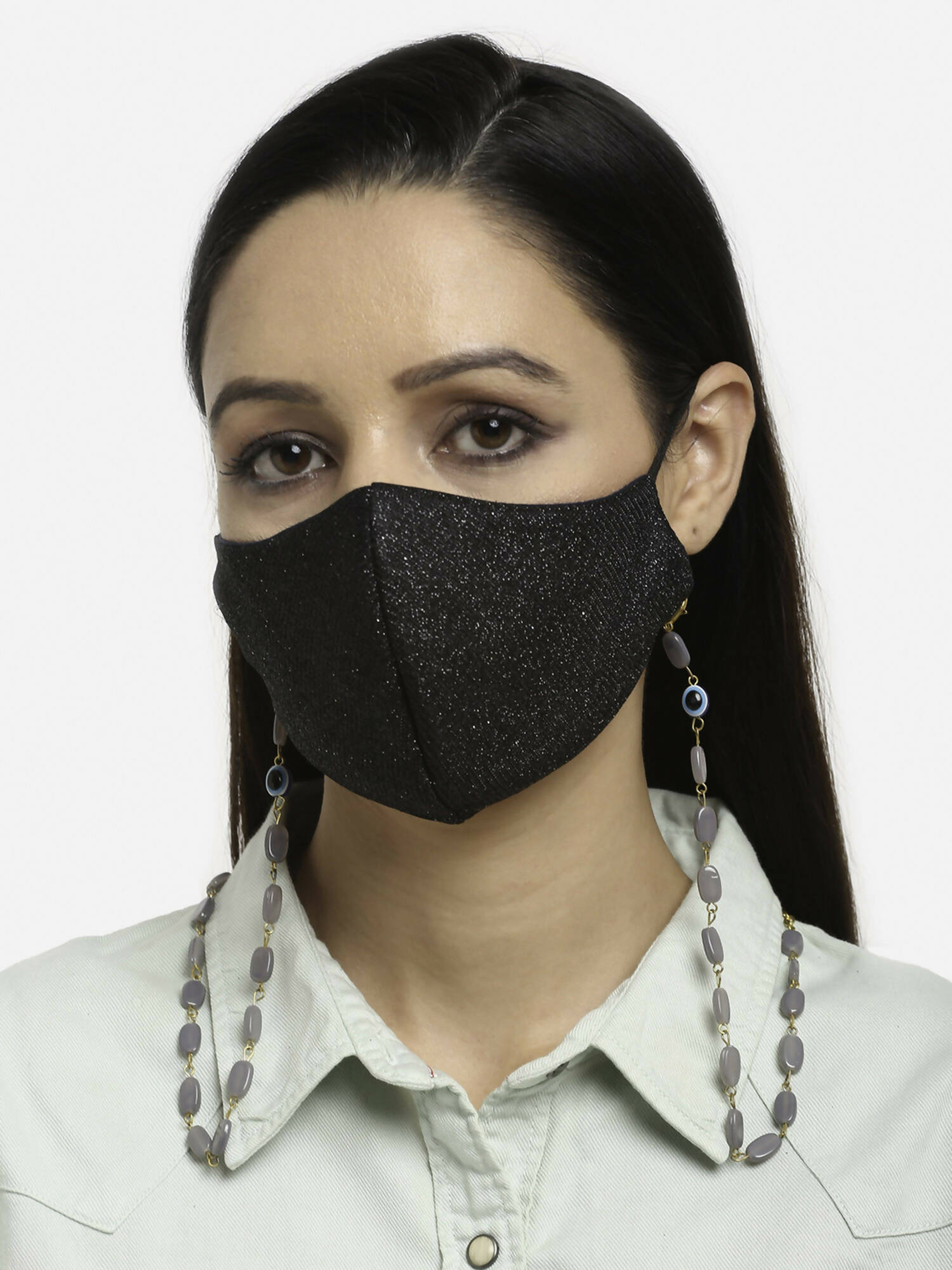 Grey Gold-Toned Alloy Gold-Polished Mask Chain - Ruby Raang | Grocsy