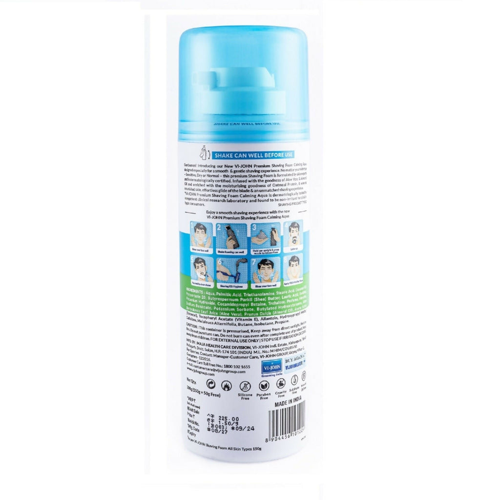 VI-JOHN Dermatologically Tested Premium Claming Aqua Shaving Foam Enriched with Aloevera & Almond Oil Free From Silicone, Paraben & Mineral Oil | Grocsy