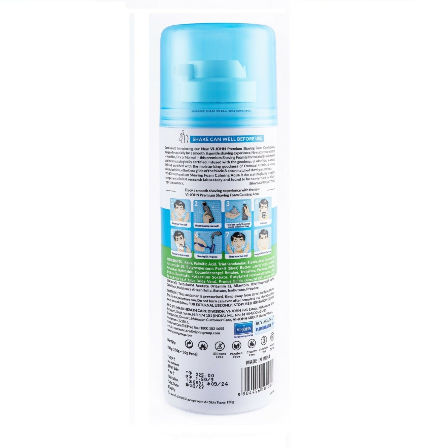 VI-JOHN Dermatologically Tested Premium Claming Aqua Shaving Foam Enriched with Aloevera & Almond Oil Free From Silicone, Paraben & Mineral Oil | Grocsy