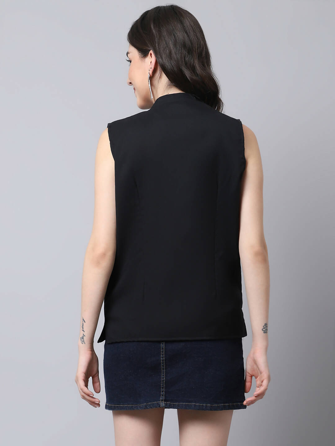 Even Apparels Black Linen Cotton Open Front Women's Waistcoat | Grocsy