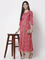Myshka Women's Pure Red Color Cotton Round Neck Printed 3/4 Sleeve Dress | Grocsy