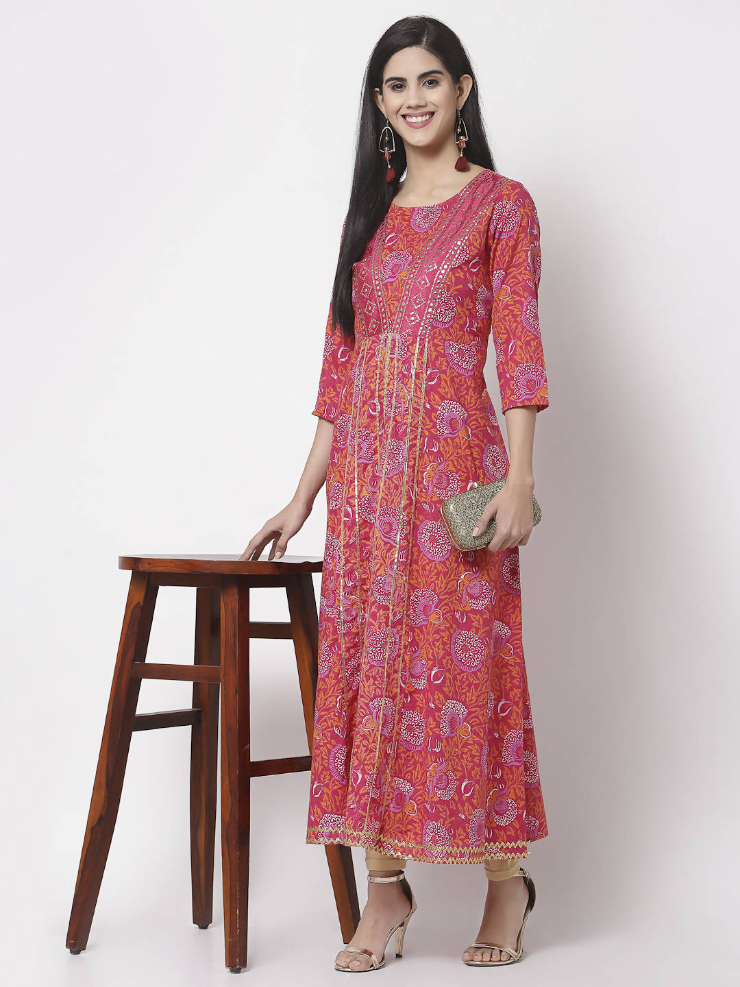 Myshka Women's Pure Red Color Cotton Round Neck Printed 3/4 Sleeve Dress | Grocsy