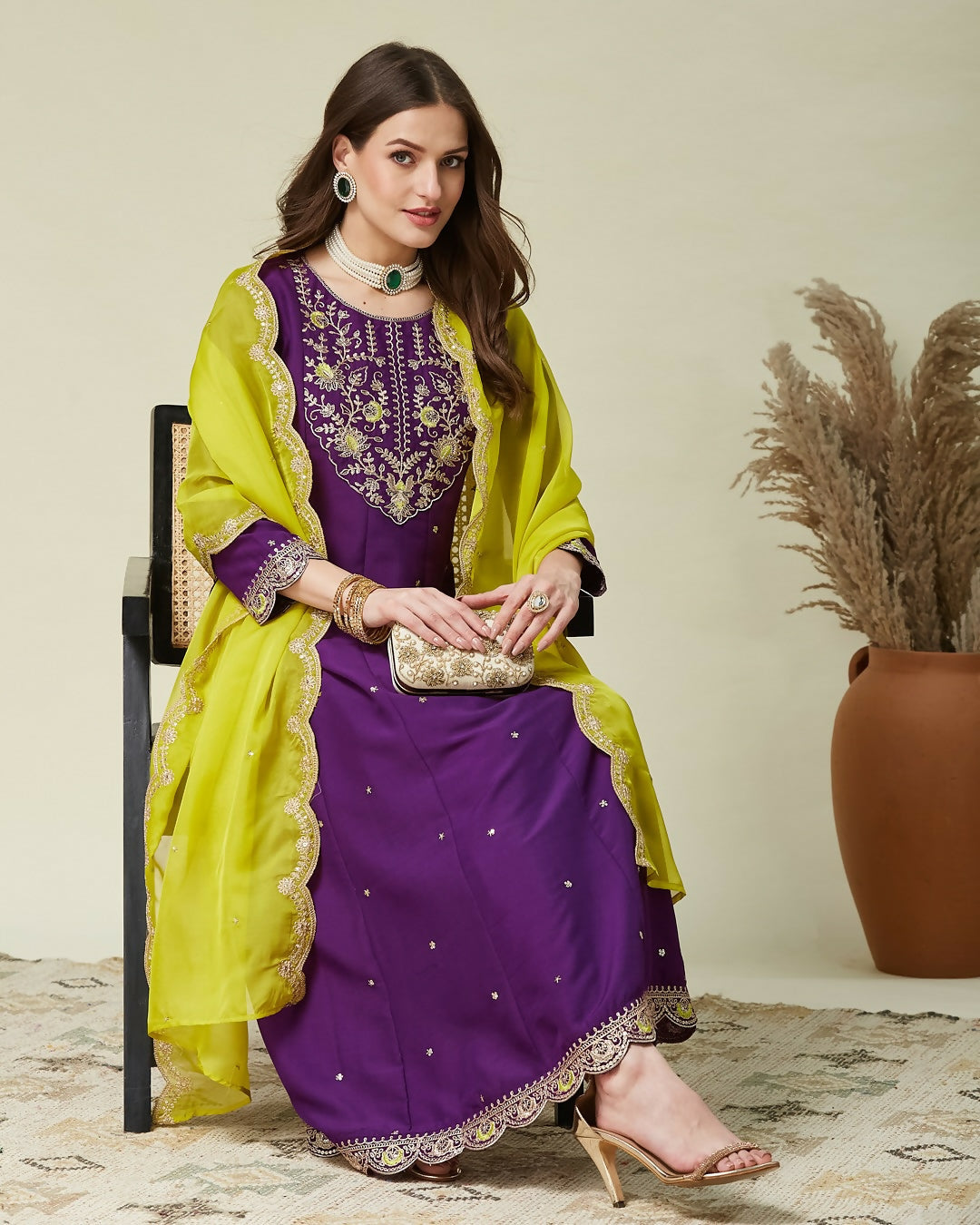 The52 Women's Beautiful Vichitra Fabric Embroidery Work Flared Anarkali Pant and Dupatta Set | Grocsy