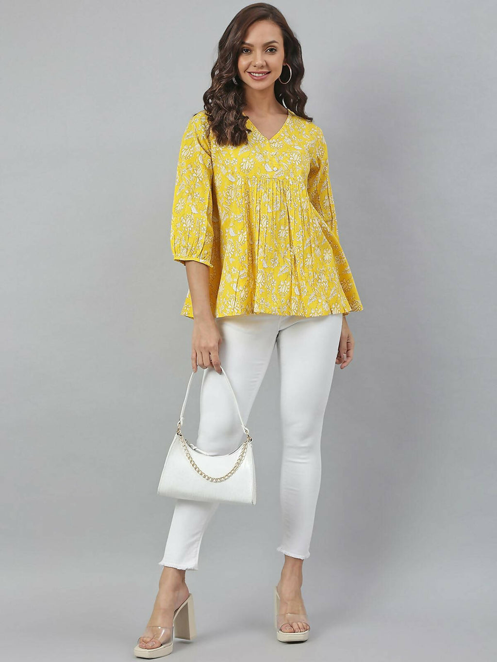Janasya Women's Yellow Cotton Floral Print Flared Top | Grocsy