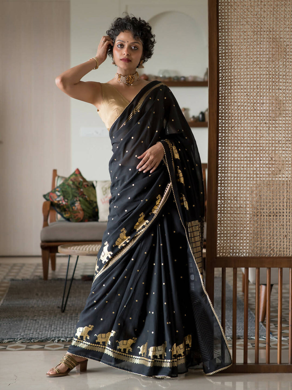 Suta Black Ethnic Motifs Cotton Blend Saree | Grocsy