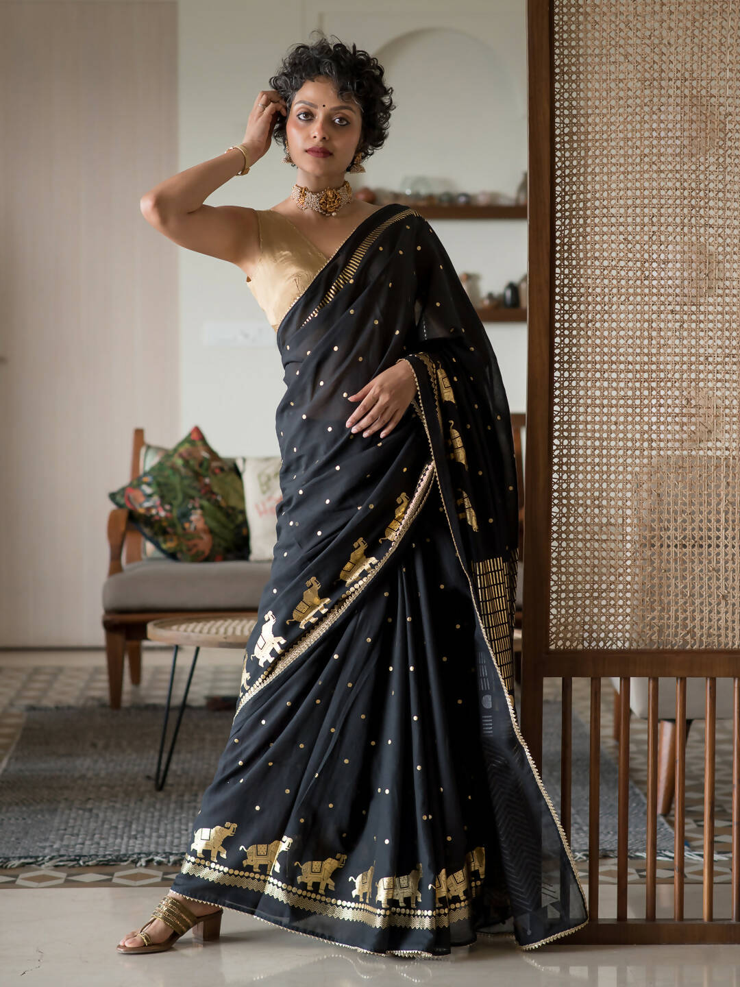 Suta Black Ethnic Motifs Cotton Blend Saree | Grocsy