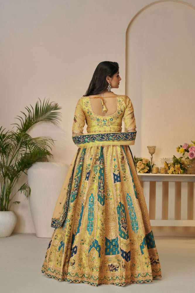 Kesar Fab Yellow Banarasi Silk Embroidered Lehenga | Grocsy