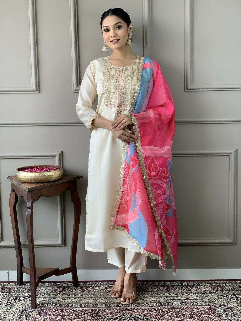 White Viscose Chanderi Stitched Suit With Dupatta - Tanisha | Grocsy