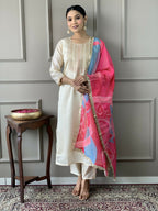 White Viscose Chanderi Stitched Suit With Dupatta - Tanisha | Grocsy