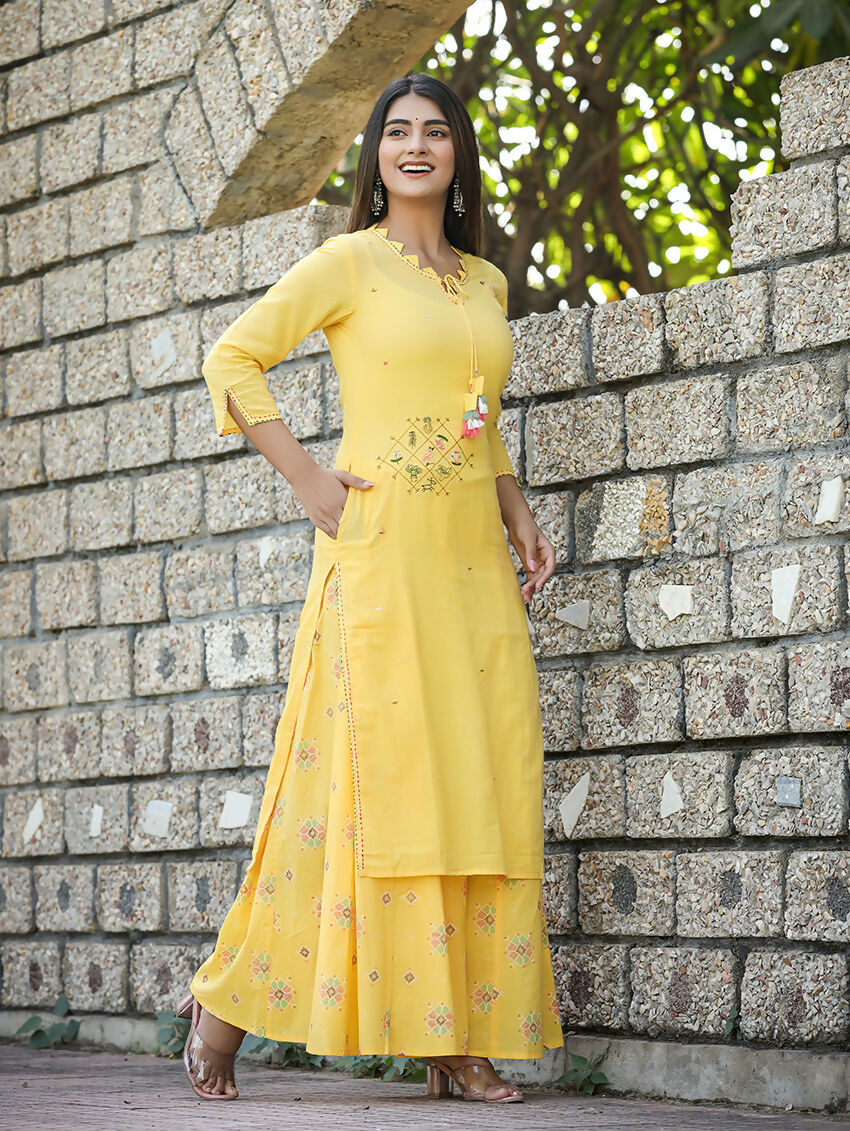 Kaajh Women's Yellow Embroidery Kurta Sharara Set | Grocsy