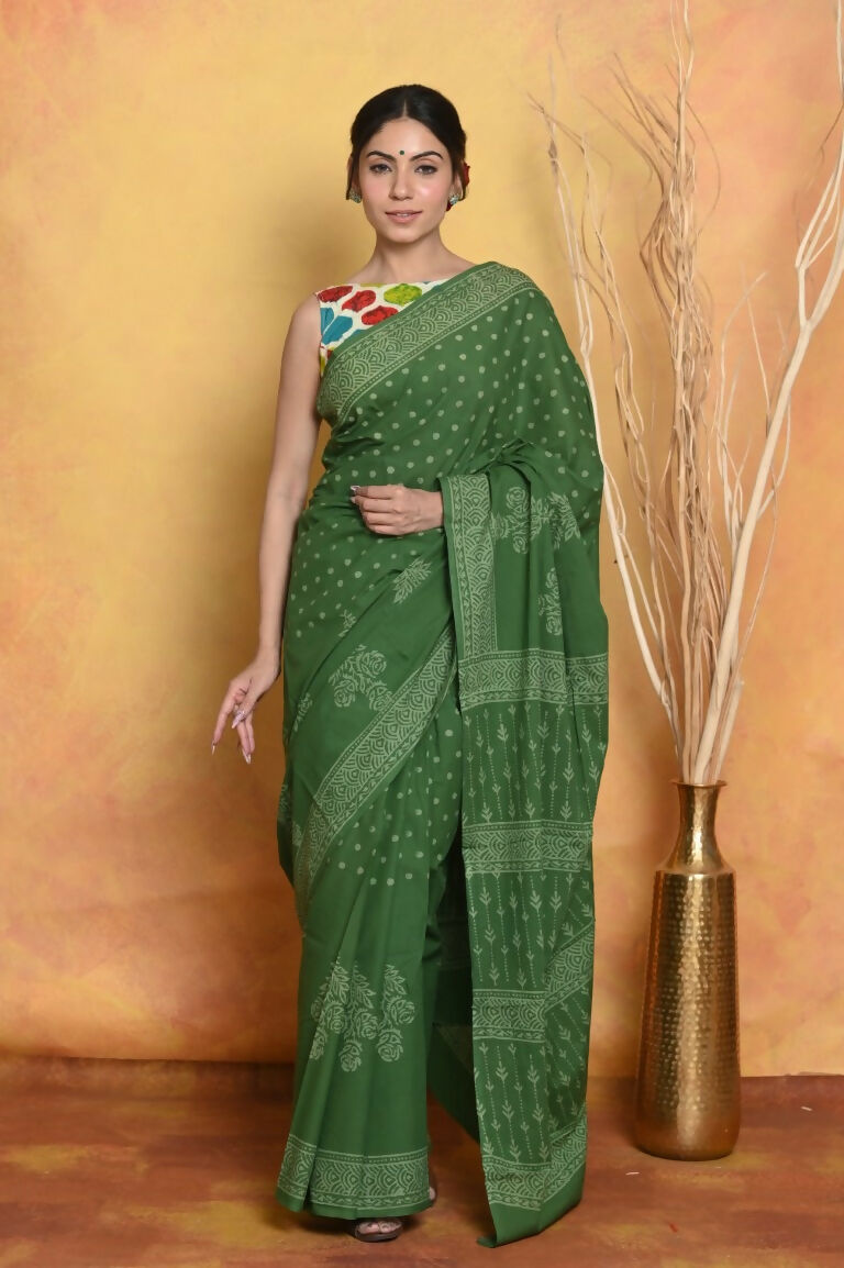 Very Much Indian Handblock Printed Cotton Saree With Natural Dyes - Green | Grocsy