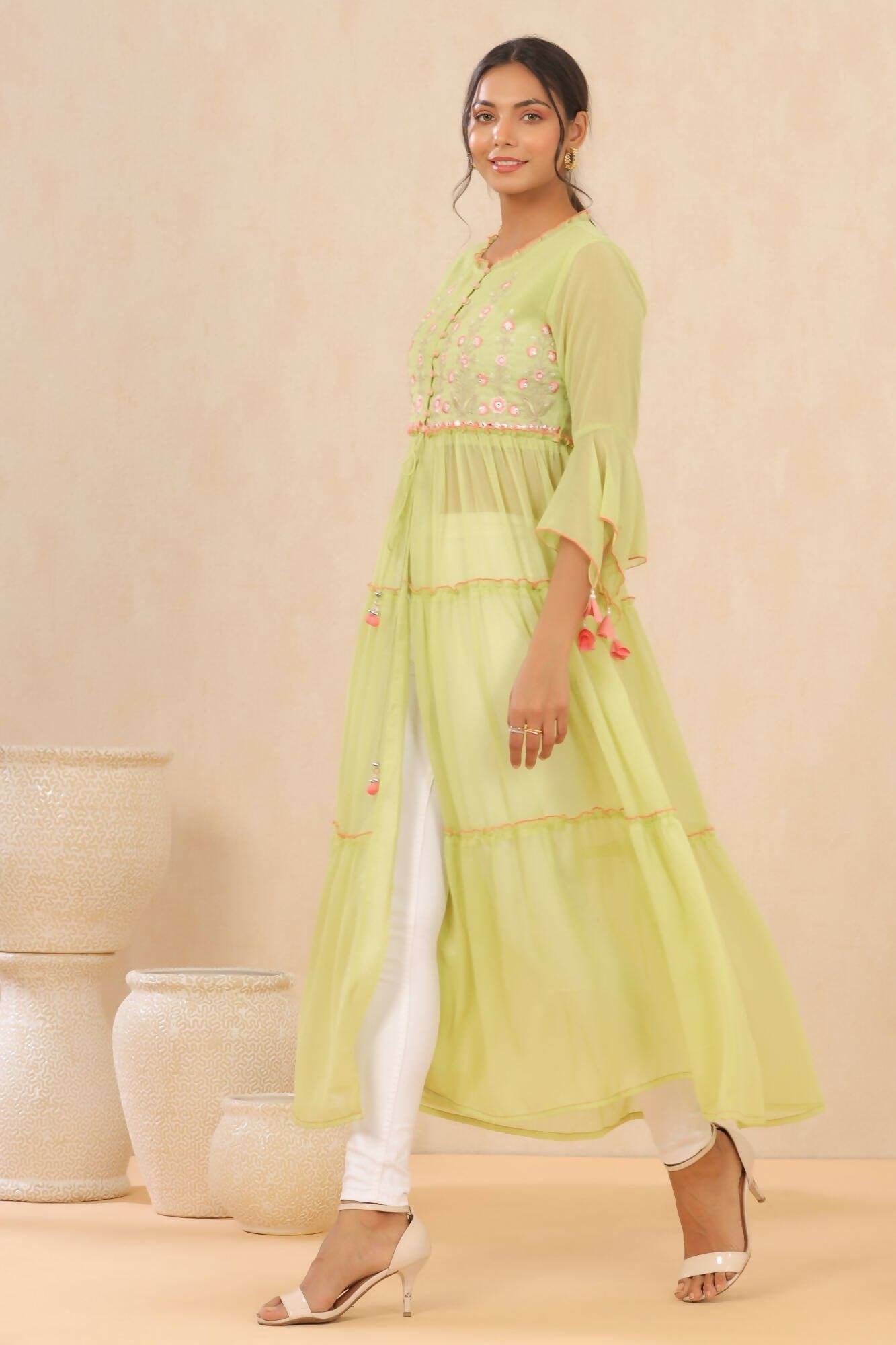 Juniper Women Green Chiffon Embroidered Tiered Kurta | Grocsy