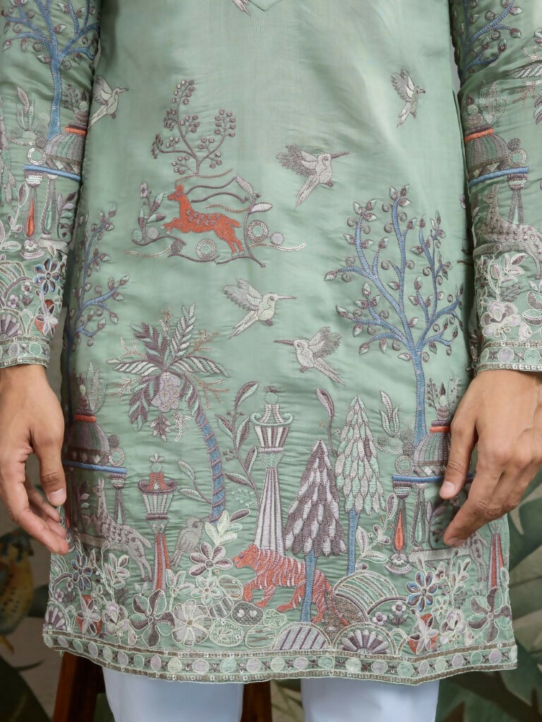 Vastranavya Pista Green Exclusive Festival Wear Viscose Silk Thread & Sequence Embroidered Work Kurta | Grocsy