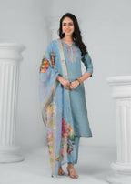 Ethnic Festive Wear Chanderi Viscose Sky Stitched Suit With Dupatta - Tanisha | Grocsy