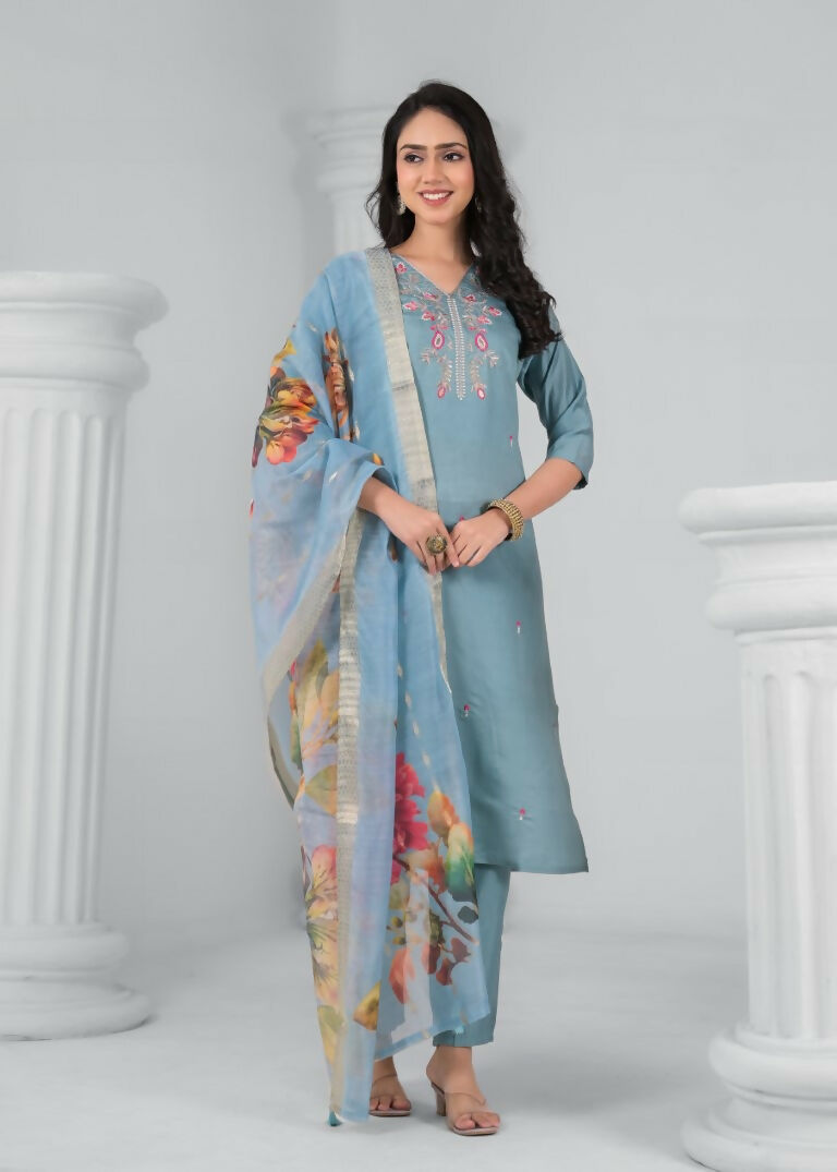 Ethnic Festive Wear Chanderi Viscose Sky Stitched Suit With Dupatta - Tanisha | Grocsy