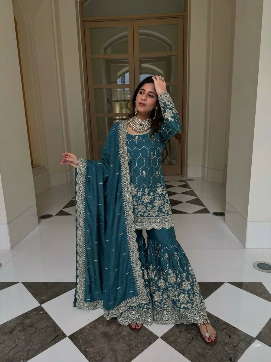 Teeya Creation New Trendy Latest Designer Embroidery Sharara Kurta Set -Teal | Grocsy