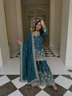 Teeya Creation New Trendy Latest Designer Embroidery Sharara Kurta Set -Teal | Grocsy