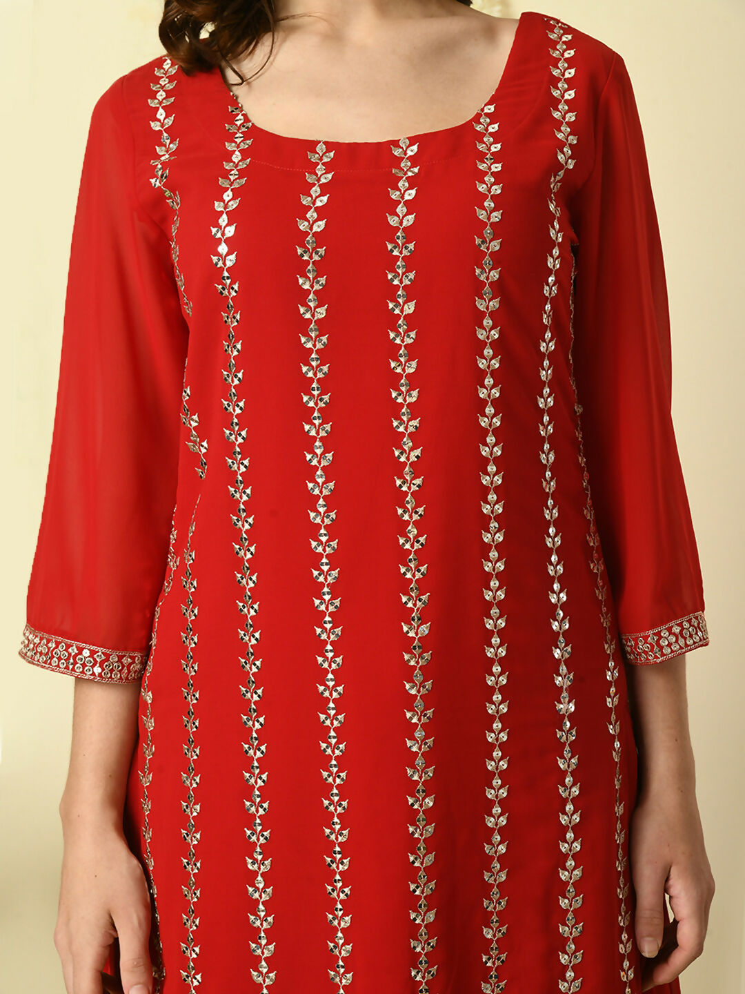 Myshka Women's Red Georgette Kurta & Palazzos With Dupatta Party Sets | Grocsy