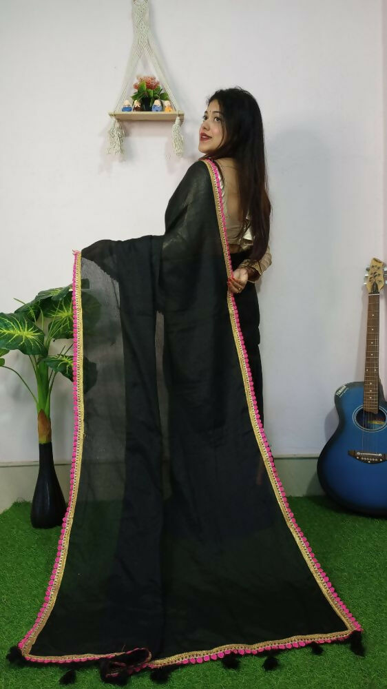 Exclusive Collection Beautiful Khadi Cotton Handloom Saree With Beautiful Zari Border - Black | Grocsy