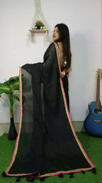 Exclusive Collection Beautiful Khadi Cotton Handloom Saree With Beautiful Zari Border - Black | Grocsy