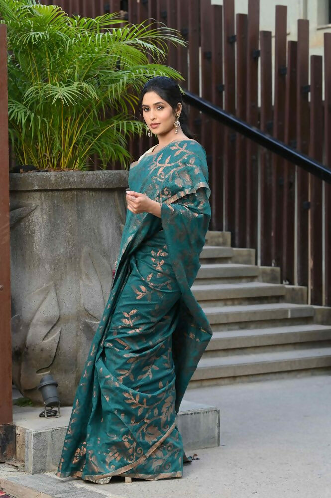 Beatitude Green Cotton Floral Jamdani Saree | Grocsy