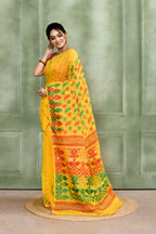 Piyari Fashion Women's Yellow Embellished Cotton Blend Jamdani Saree | Grocsy