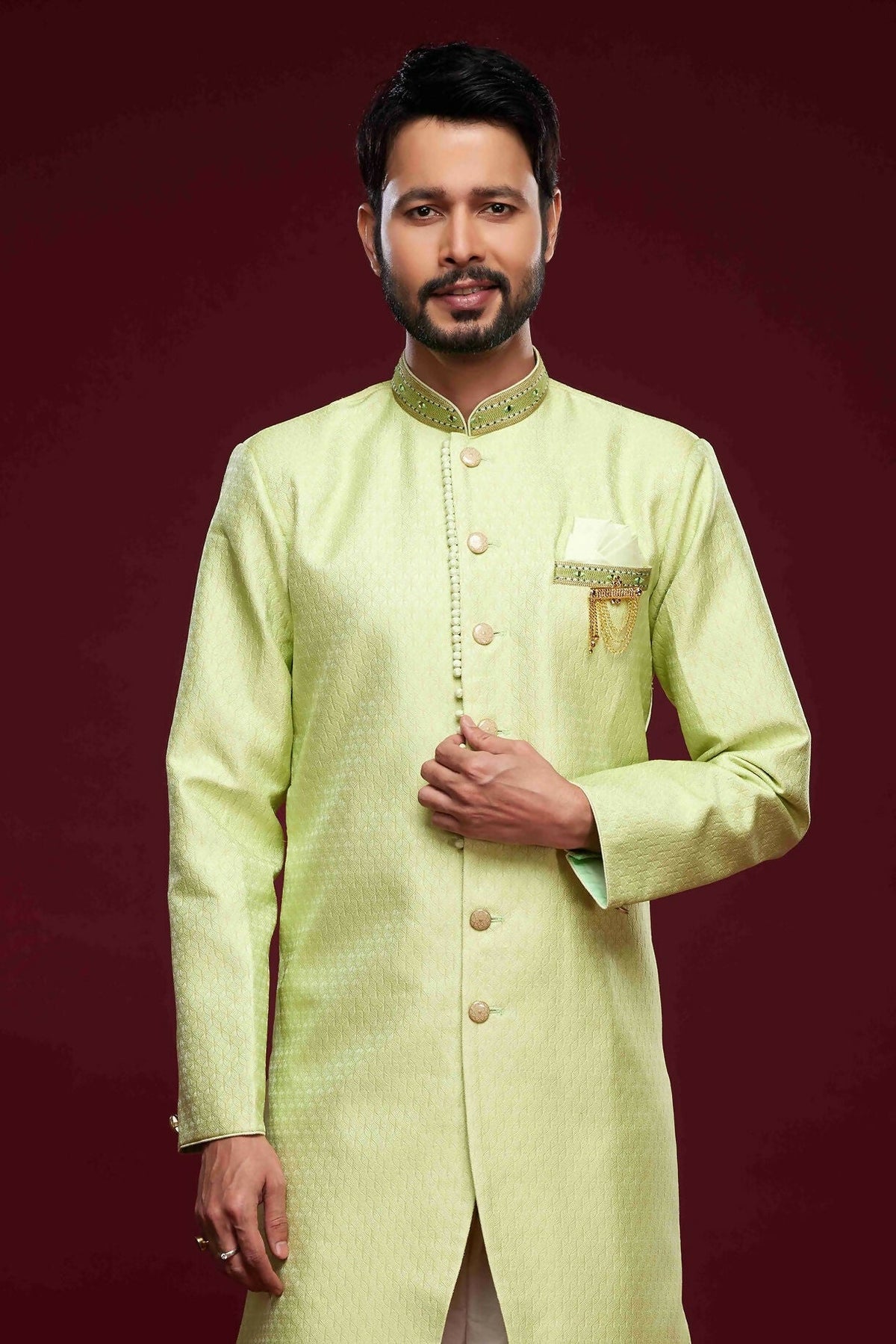 Raivat Ethnic Banarasi Jacquard Embroidery Semi Indo Western Sherwani In Pista Green Colour | Grocsy