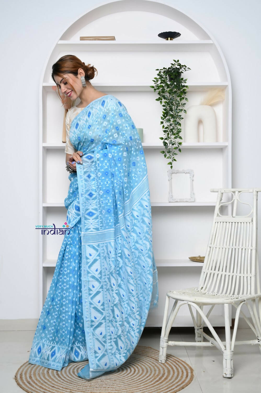 Very Much Indian Jamdhani Cotton Saree - Powder Blue | Grocsy