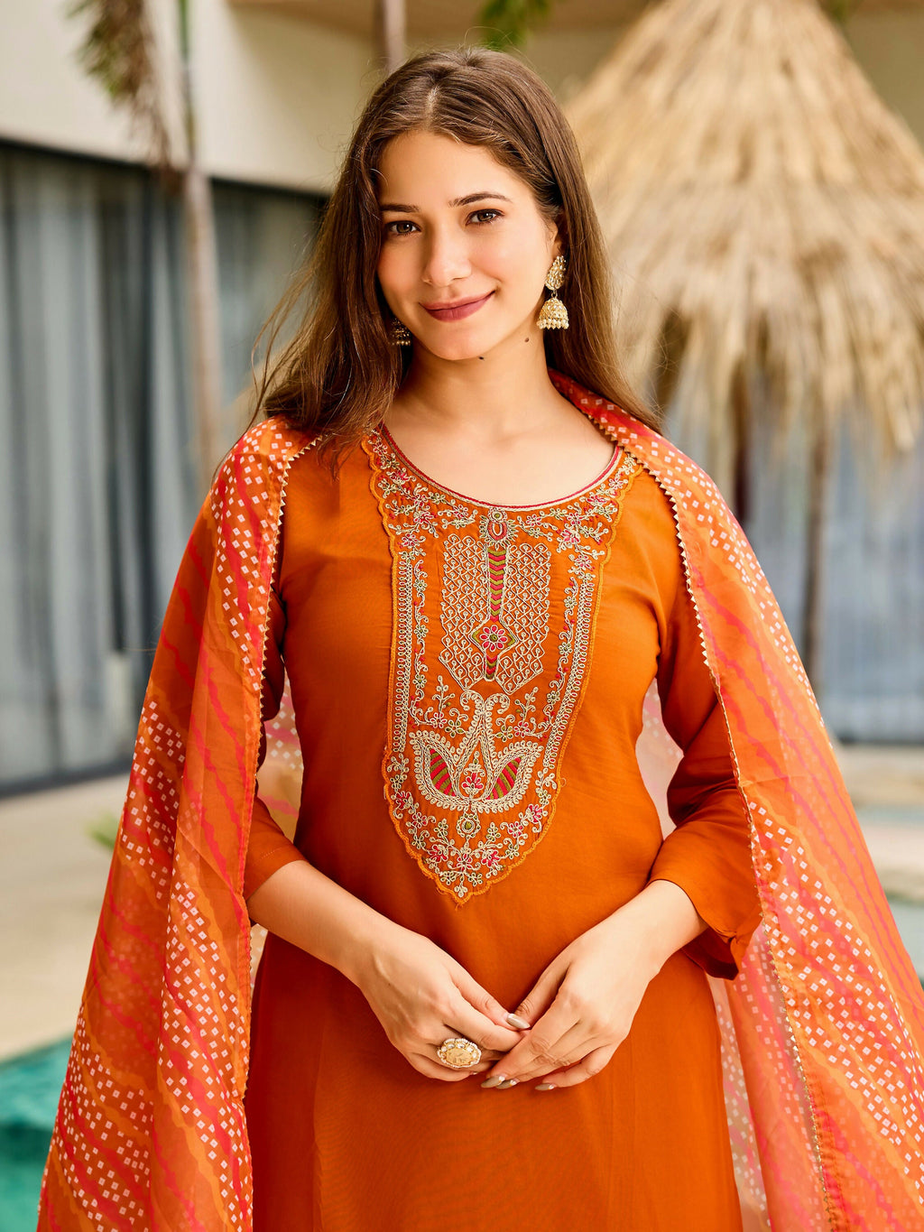 The52 Rust Women's Gorgeous Embroidered work Rayon Fabric Straight Kurta, Pant and Dupatta Set | Grocsy