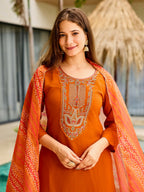 The52 Rust Women's Gorgeous Embroidered work Rayon Fabric Straight Kurta, Pant and Dupatta Set | Grocsy
