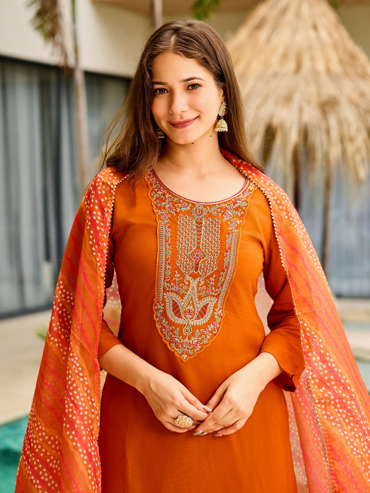 The52 Rust Women's Gorgeous Embroidered work Rayon Fabric Straight Kurta, Pant and Dupatta Set | Grocsy