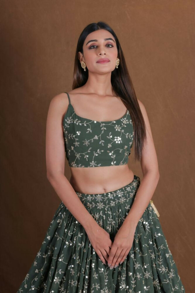 Green Georgette Zari,Sequence Embroidery Work Lehenga Choli - Jihu Culture | Grocsy