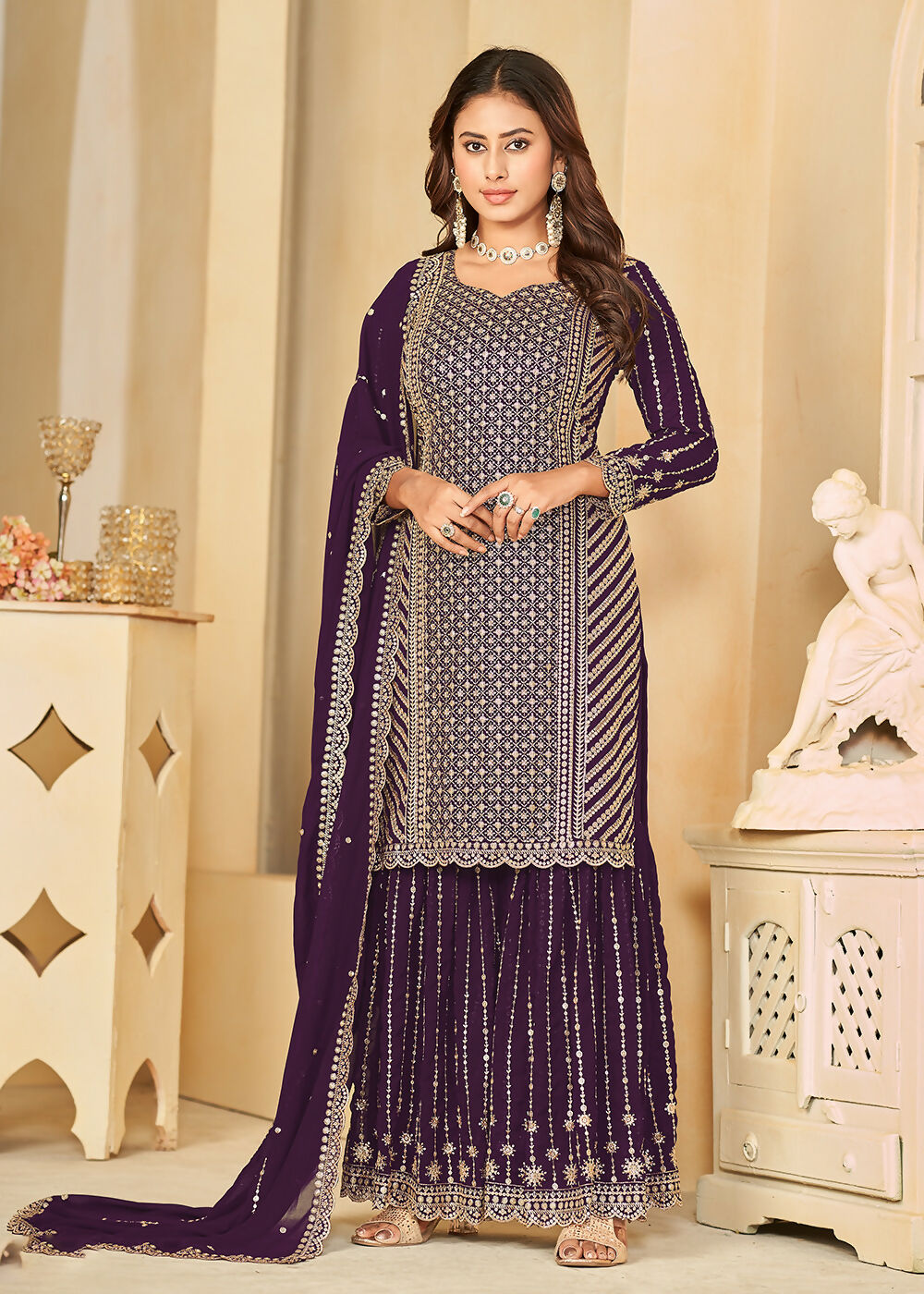 Mesmeric Purple Faux Georgette Palazzo Suit with Embroidery - Emponline | Grocsy