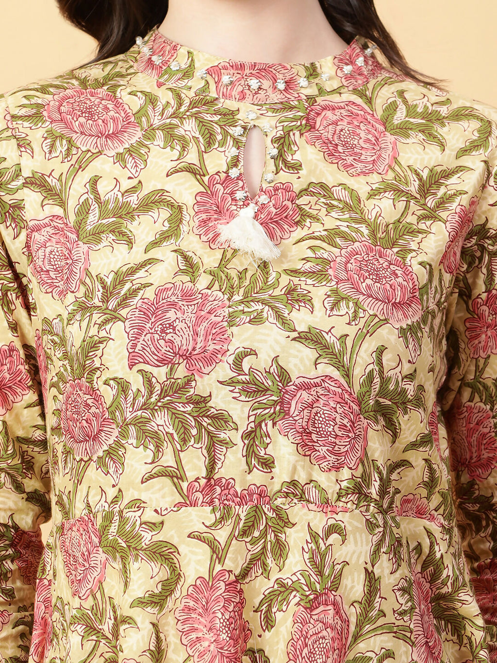 Joban Fashion Beige Cotton Printed & Hand Work Dress | Grocsy