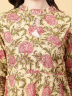 Joban Fashion Beige Cotton Printed & Hand Work Dress | Grocsy