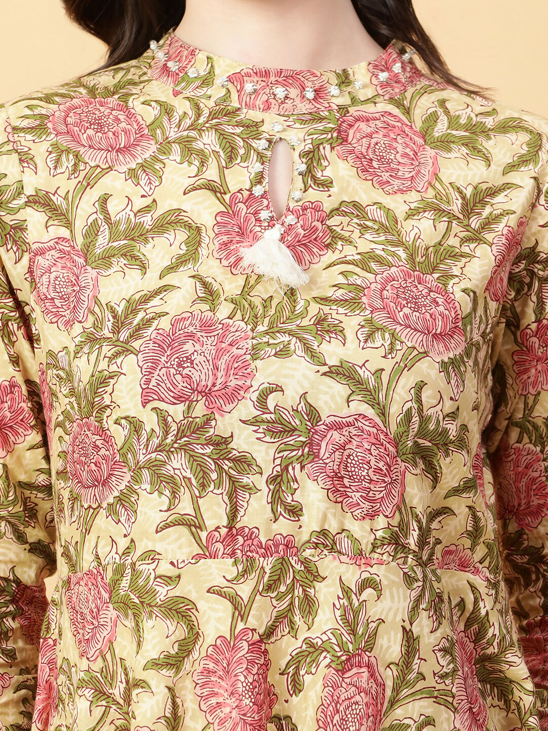 Joban Fashion Beige Cotton Printed & Hand Work Dress | Grocsy