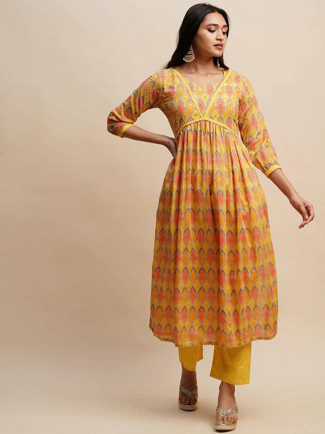 Yellow Pure Cotton Bandhani Printed Naira Cut Kurta And Bottom With Dupatta - Akashara | Grocsy