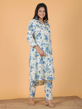 Aramya White Textured Cotton Floral Print High Low Kurta Set for Women | Grocsy