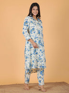 Aramya White Textured Cotton Floral Print High Low Kurta Set for Women | Grocsy